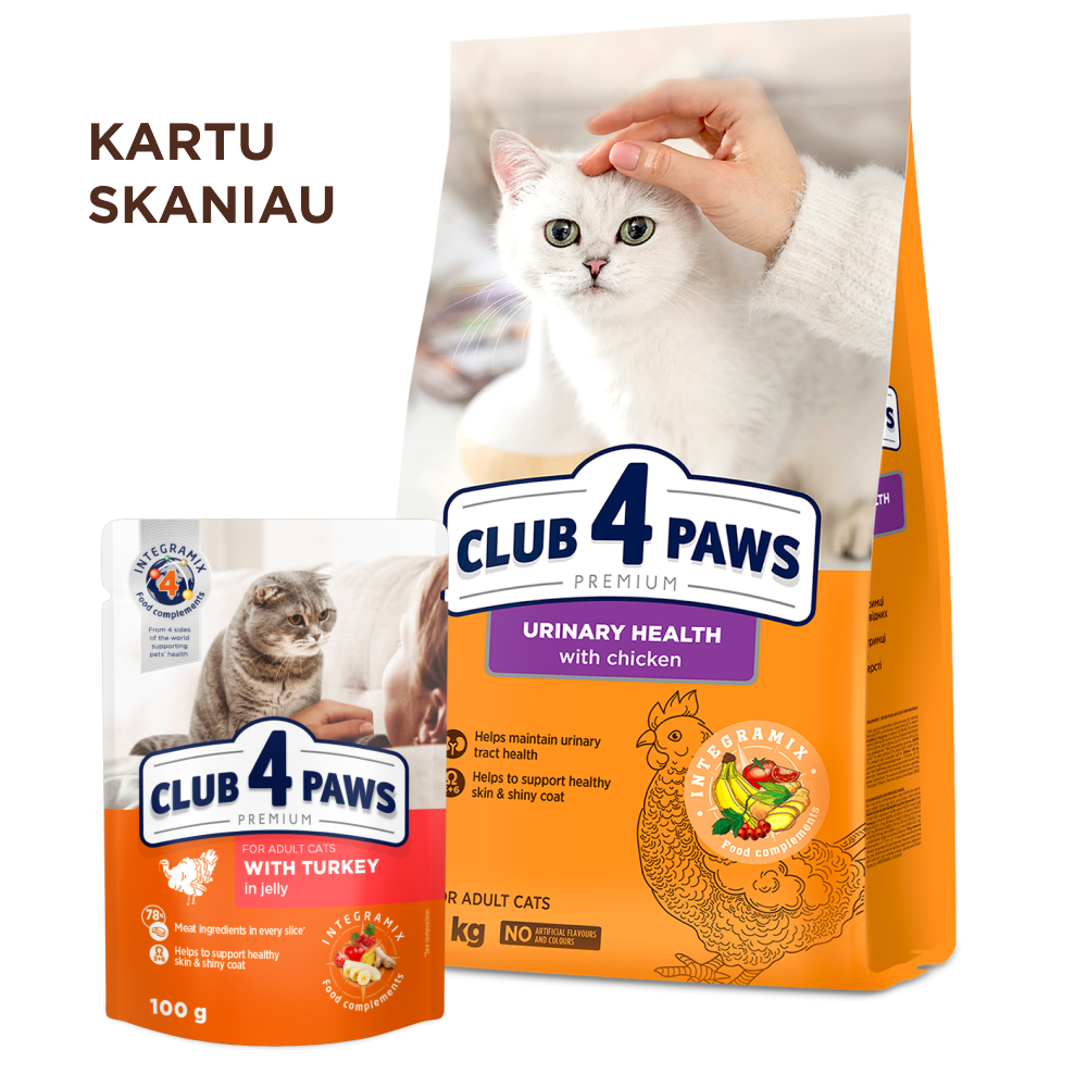 CLUB 4 PAWS Premium šlapimo sistemos sveikatai palaikyti . Visavertis sausas pašaras suaugusioms katėms