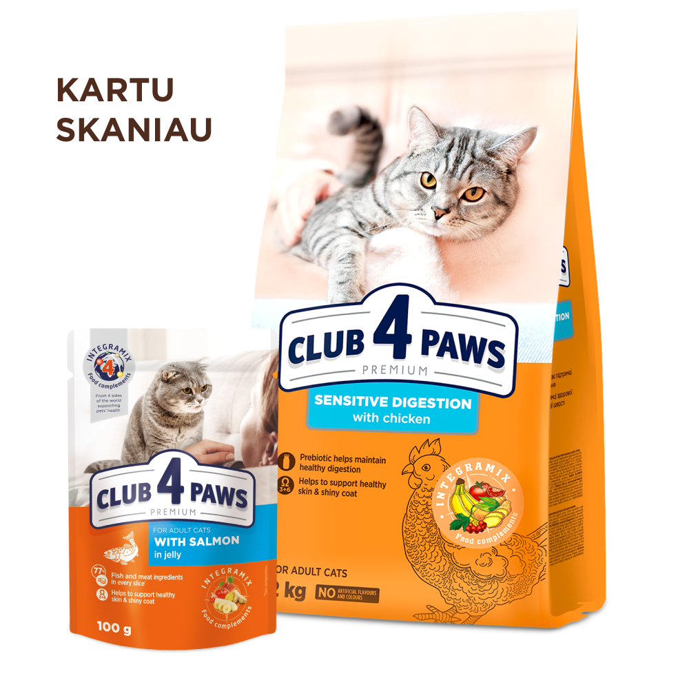 CLUB 4 PAWS Premium jautriam virškinimo traktui. Visavertis pašaras suaugusioms katėms