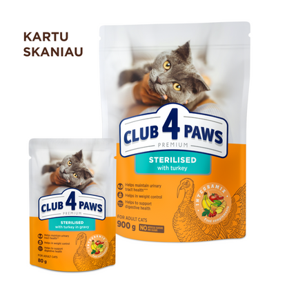 CLUB 4 PAWS PREMIUM AR TĪTARU. PILNVĒRTĪGA SAUSĀ BARĪBA PIEAUGUŠIEM STERILIZĒTIEM KAĶIEM.