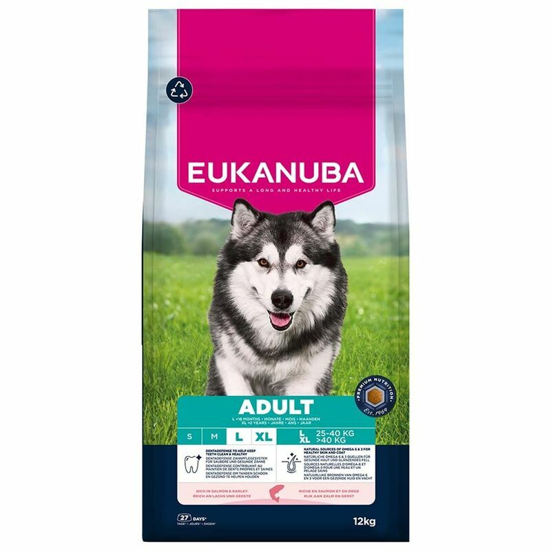 Eukanuba L/XL visavertis pašaras suaugusiems šunims su lašiša ir miežiais, 12 kg