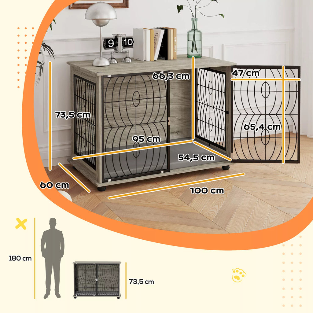 Šunų narvas-spintelė su skalbiama pagalvėle ir užsklendžiamomis durelėmis, dideliems šunims iki 30 kg, 100 x 60 x 73,5 cm, pilkas