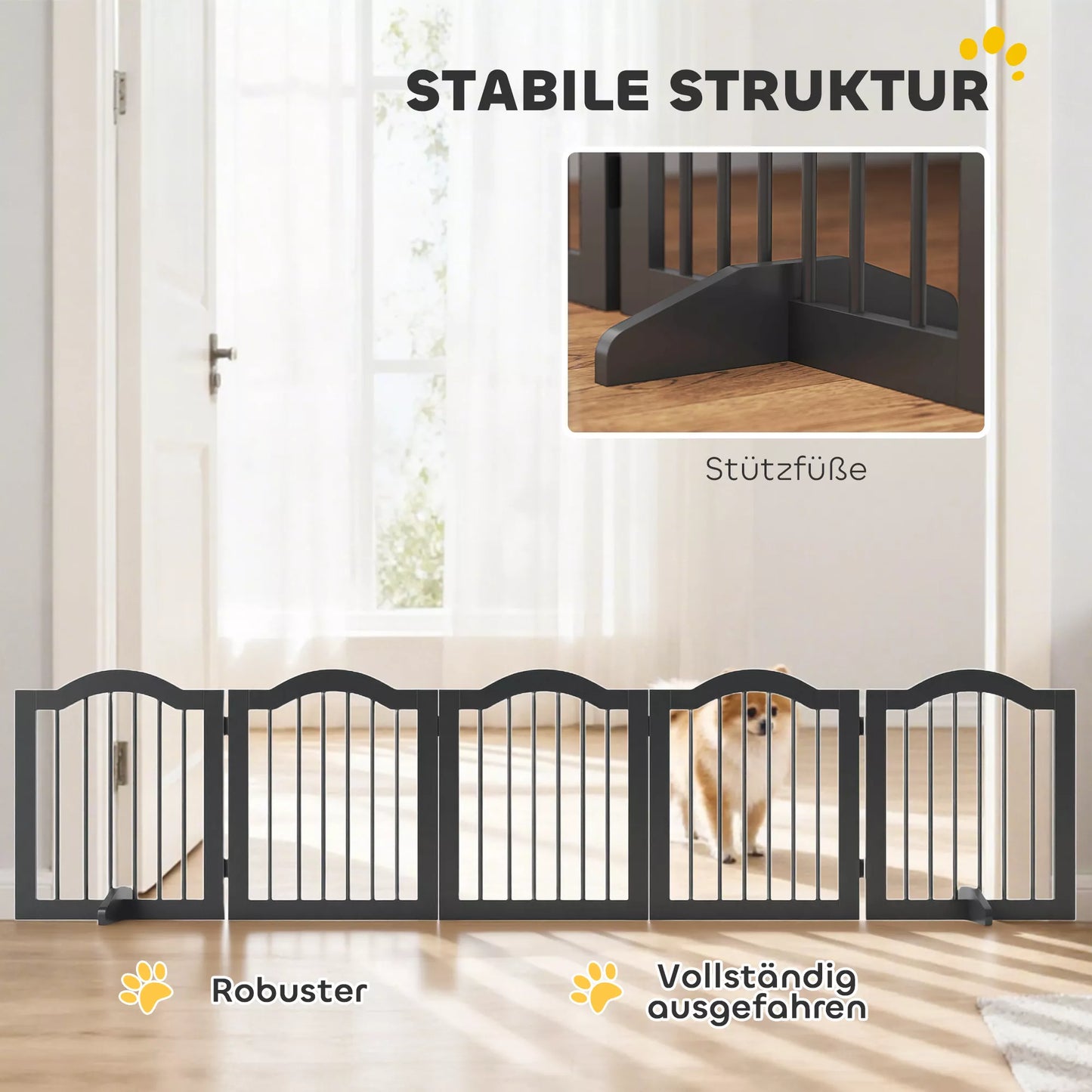 Suņu žogs, brīvi stāvošs drošības tīkls ar kājām, salokāms, 5 paneļi, 261,5 x 29,5 x 61 cm, melns