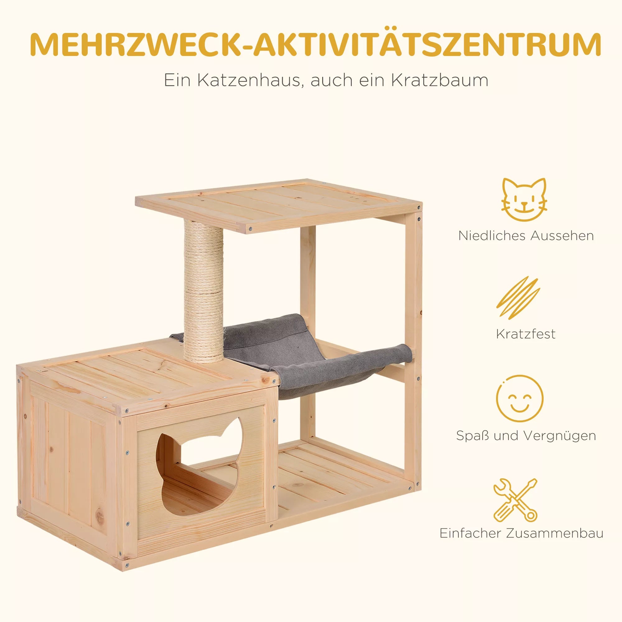 Katės namelis su hamaku, katės dėžė su sizalio stiebu, katės guolis, katės medis, katės aktyvumo centras, eglės mediena, natūralus, 70 x 35 x 60 cm