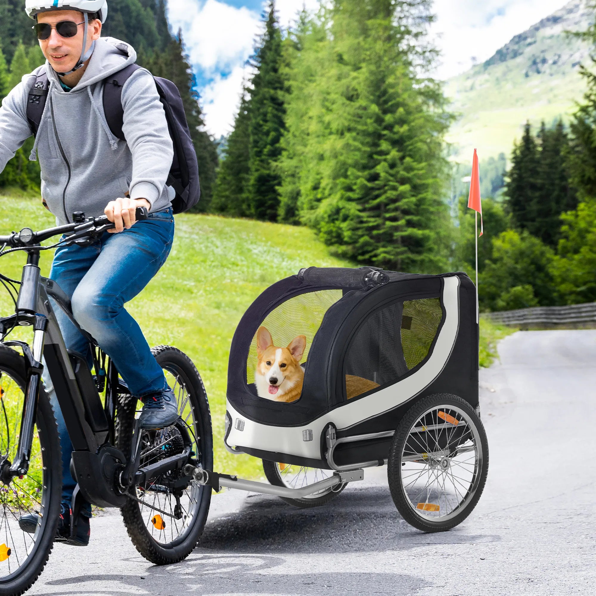 Velosipēda piekabe suņiem līdz 20 kg, sieta logs, sarullējams pārsegs, universāls savienotājs, balta+melna