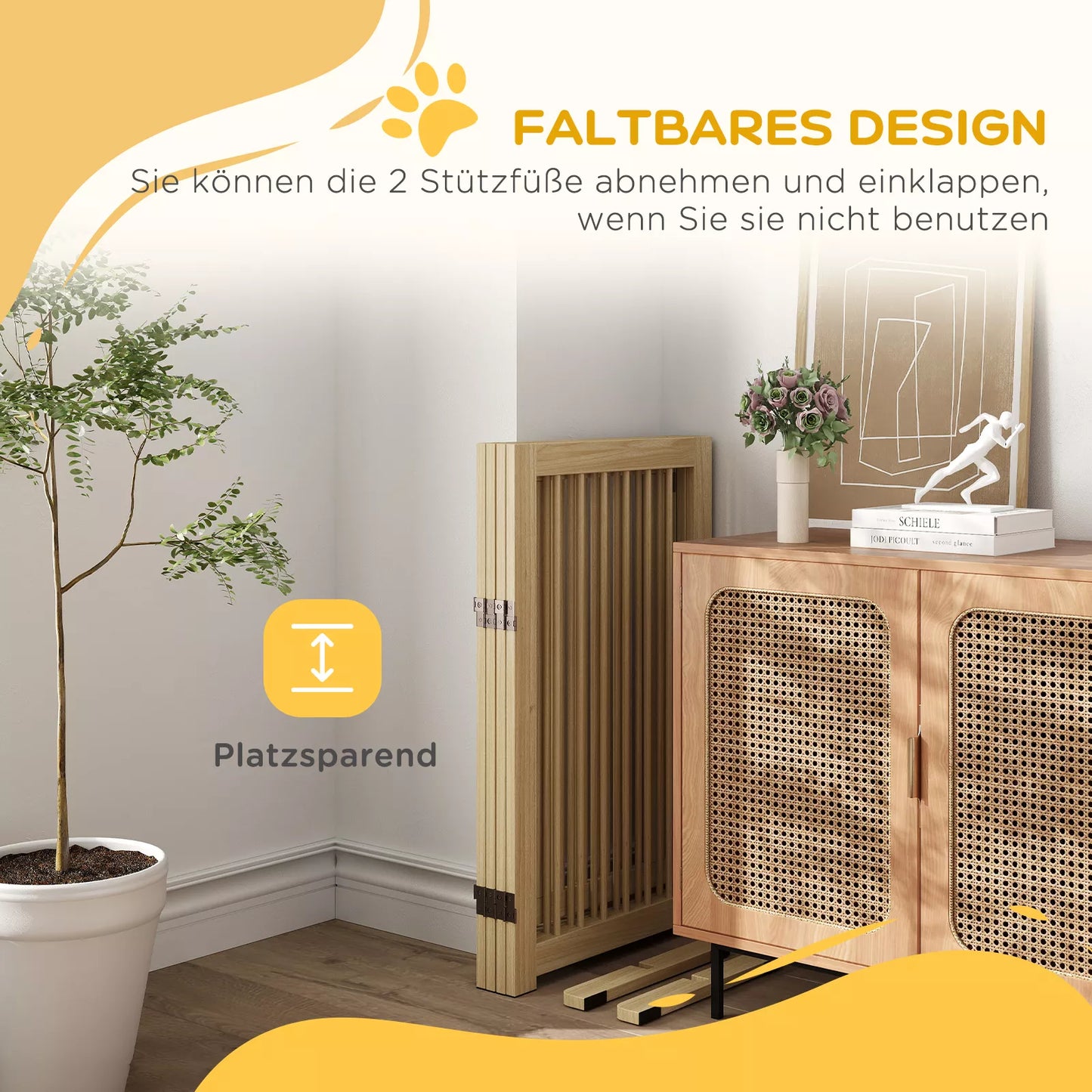 Freestanding folding dog fence with door and supports, wooden frame, 220x36x91cm