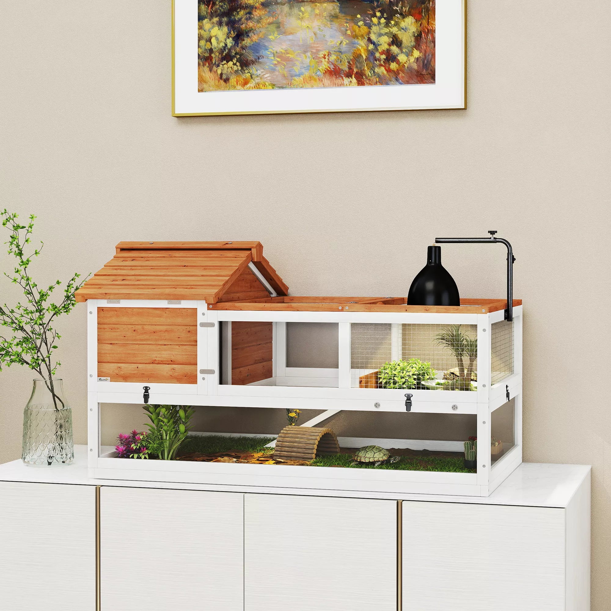 Vėžlių namelis, 2 aukštų aptvaras, lempų laikiklis, mažų gyvūnų narvelis, oranžinis