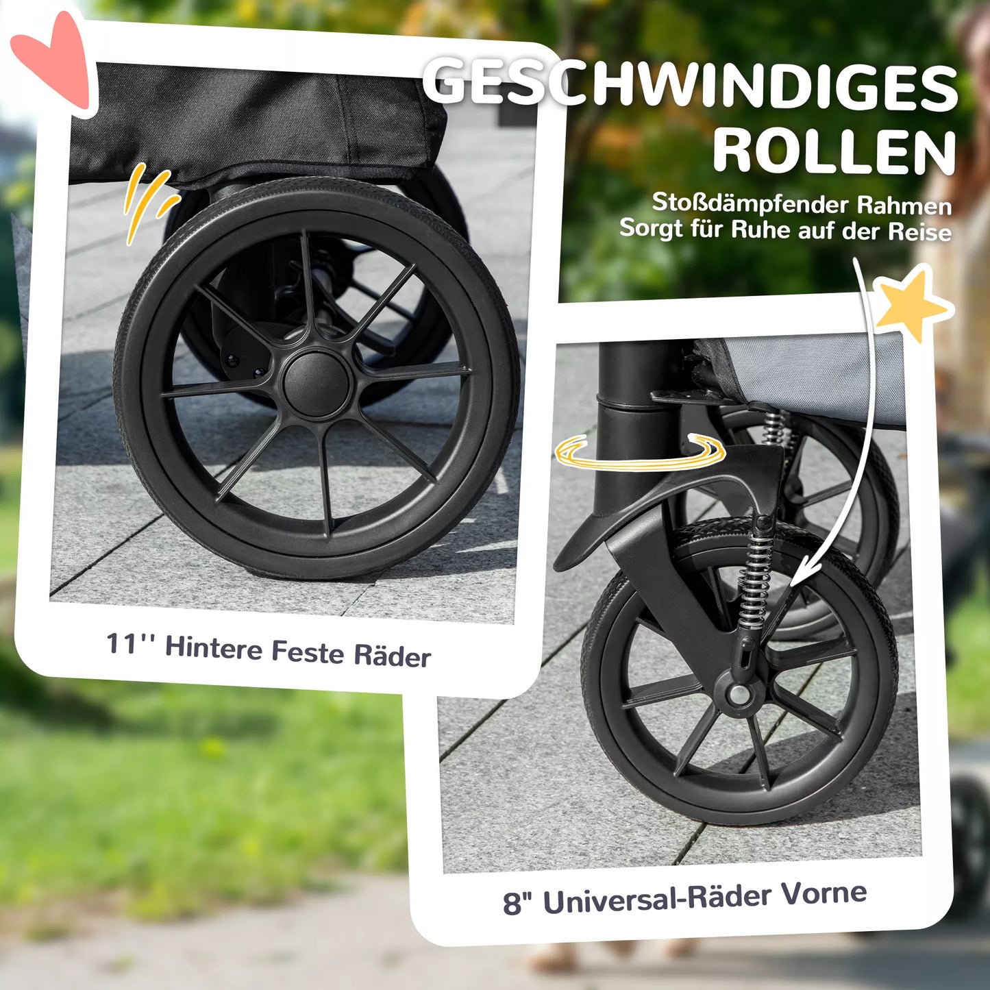 Šunų vežimėlis, sulankstomas vežimėlis dideliems šunims, augintinių vežimėlis su 4 ratais, saugos diržais, stabdžiais, pilkas