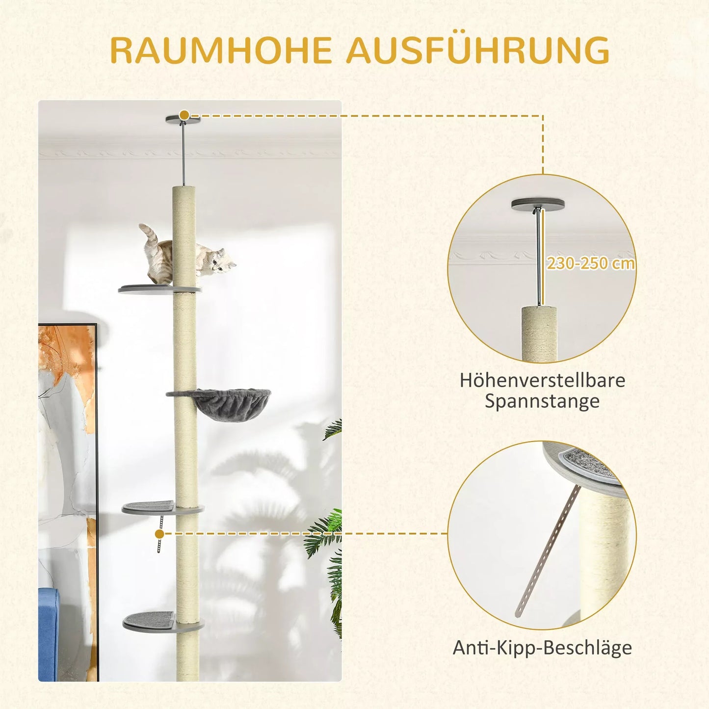 Kačių draskyklė su hamaku, su lubų įtempikliu, iki lubų, 40 cm x 40 m x 250 cm, Pilka + Kreminė balta