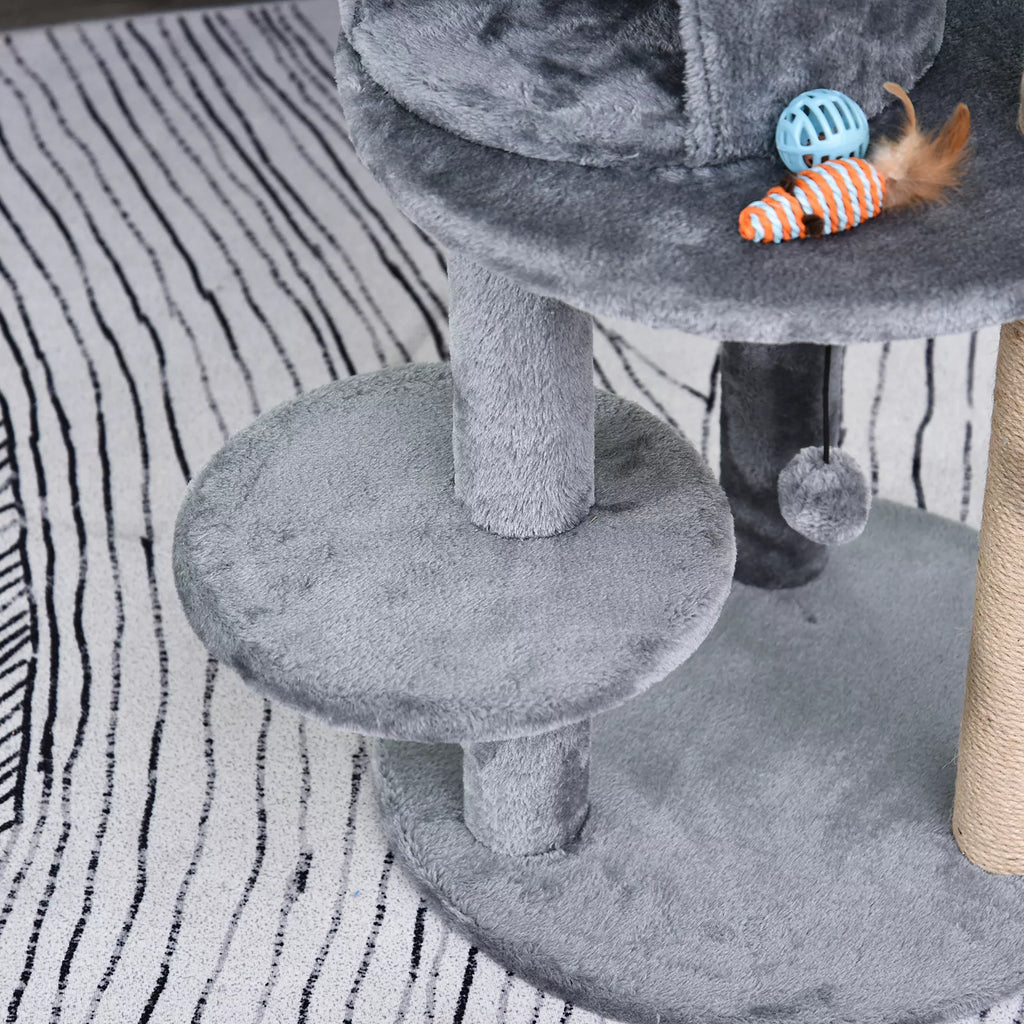 4 stāvu kaķu māja ar alu, mājiņu, rotaļlietām, sēdēšanas platformu, sizala stabu un skrāpēšanas stabu, liela, stabila, grezna, pelēka, izgatavota no sizala un plīša, 48x48x104 cm