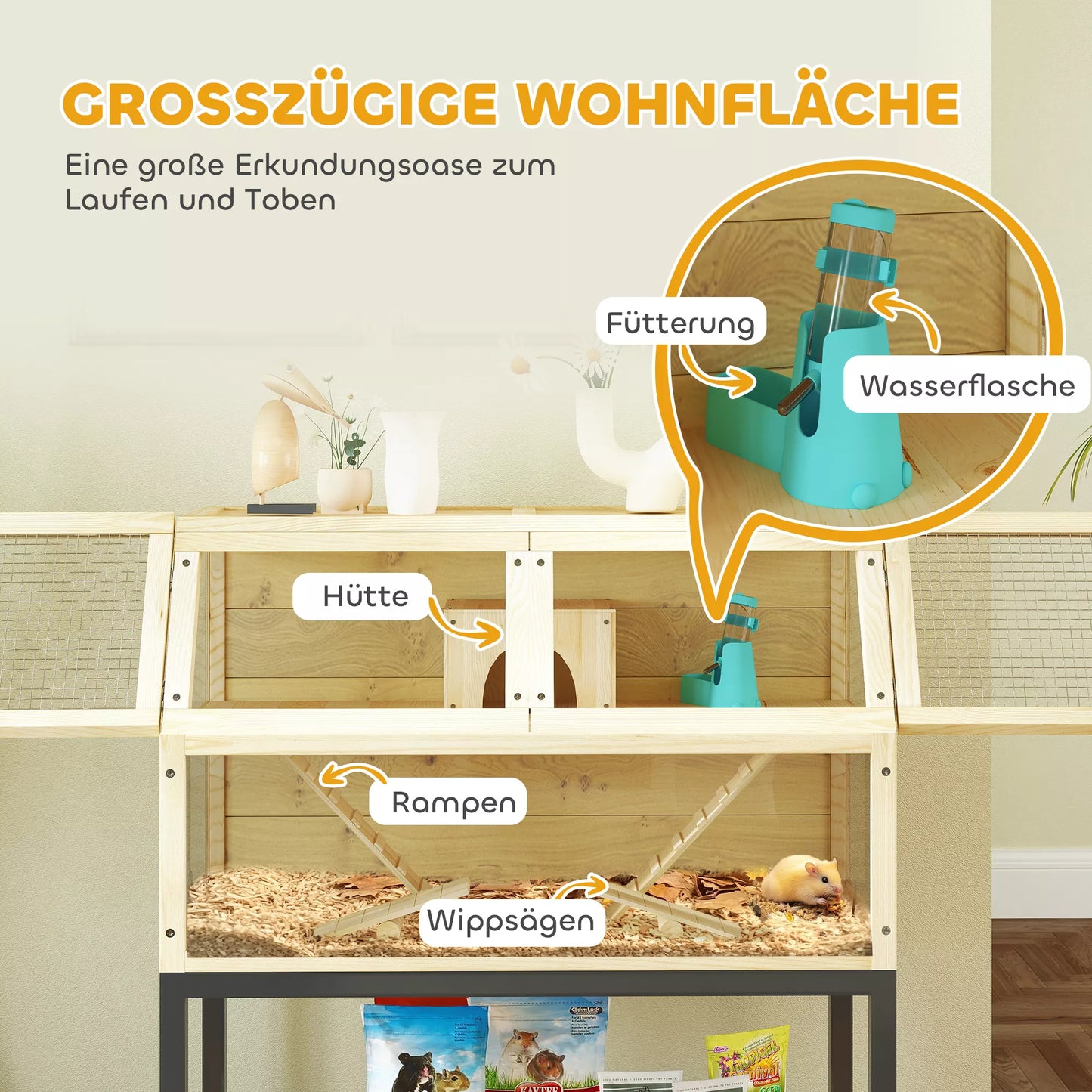 Koka būris pundurkāmjiem ar uzglabāšanas nodalījumu, riteņiem, rampām, ūdens pudeli, mājiņu, šūpolēm, 87 x 43 x 101 cm