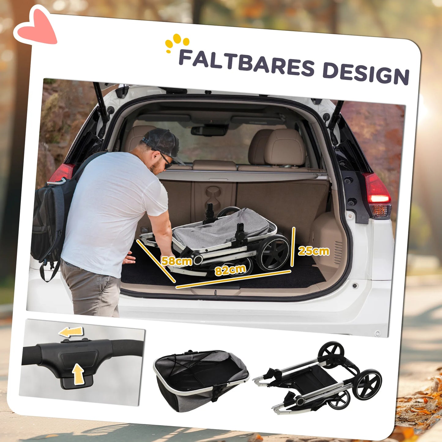 Suņu ratiņi līdz 10 kg, saliekami, ar rokturi un apakšējo grozu, 83 cm x 58 cm x 102 cm, gaiši pelēki