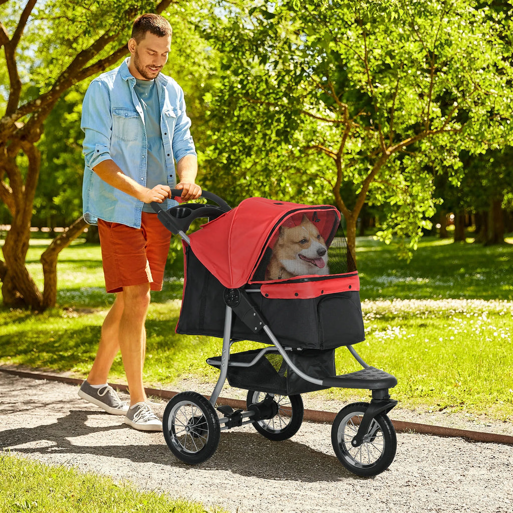 Suņu ratiņi ar 3 riteņiem, salokāmi līdz 10 kg, Oxford Red+Black, 109,5 x 54,5 x 106,5 cm