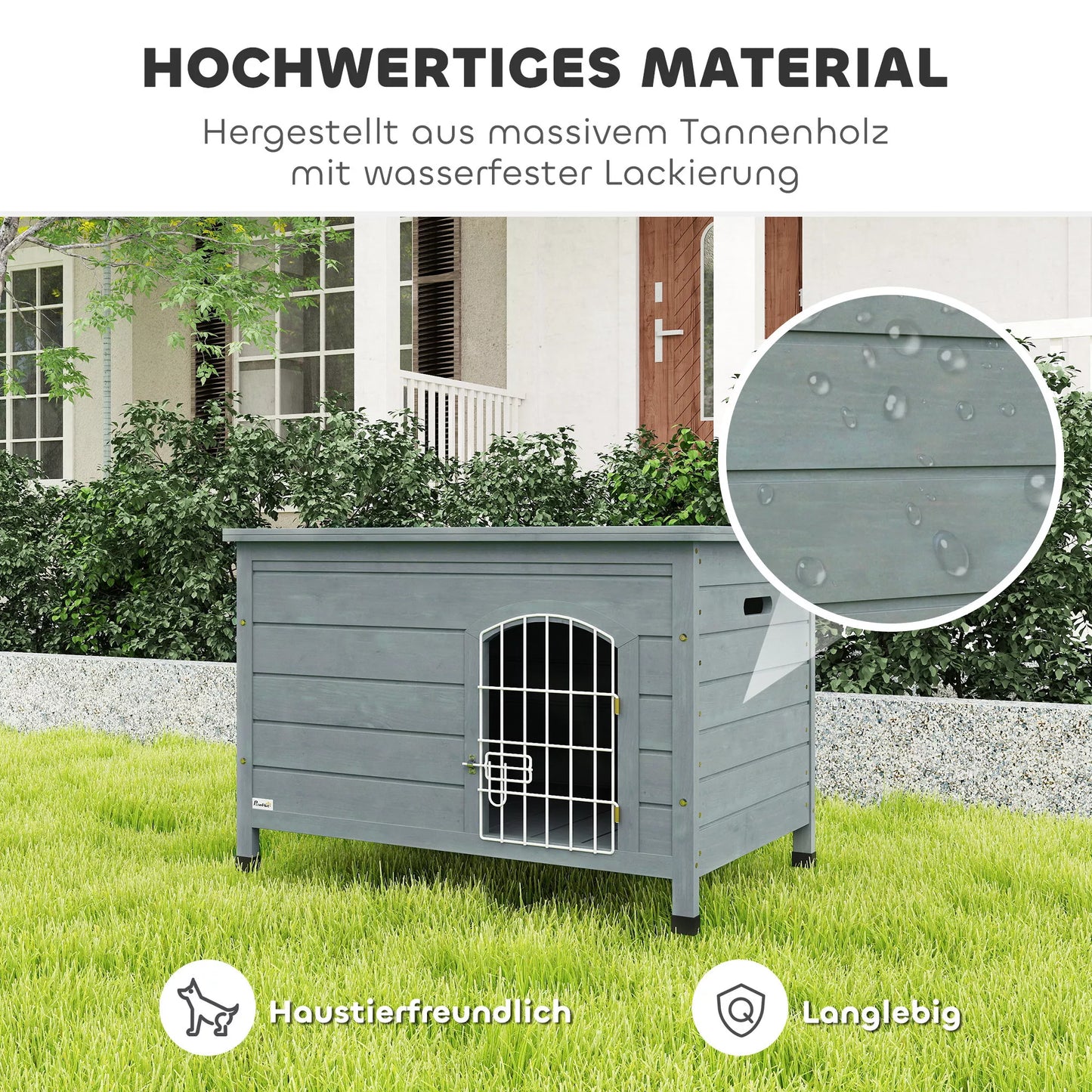 Suņu būda ar durvīm, suņu voljērs, transporta kaste, mājdzīvnieku būda, egles koks, tumši pelēka