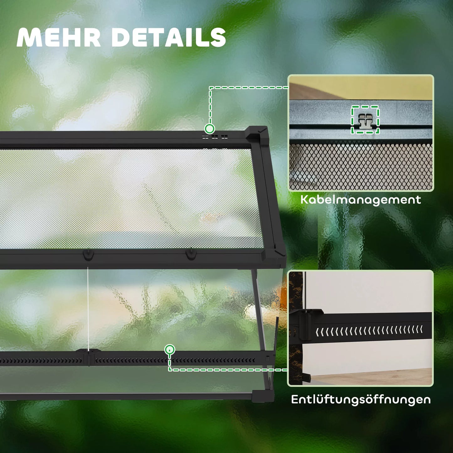 Stikla terārijs rāpuļiem, paaugstināts un ūdensnecaurlaidīgs dibens, sprādzes aizdare