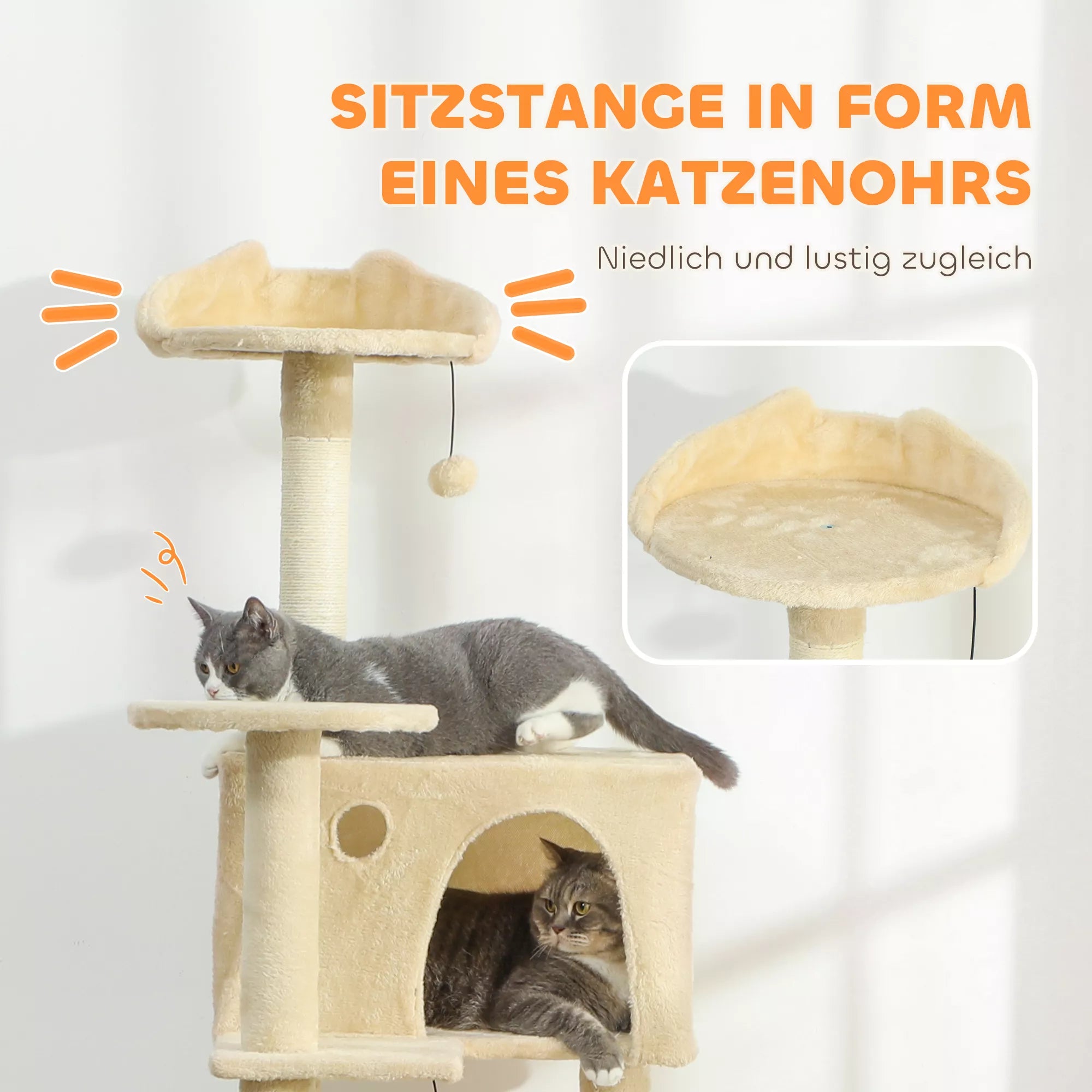 Kaķu skrāpēšanas stabs 160 cm Kaķu tornis ar šūpuļtīklu, kāpnēm, gultu, 2 plīša bumbiņām, sizala stieņiem, 48 x 48 x 160 cm, bēšs