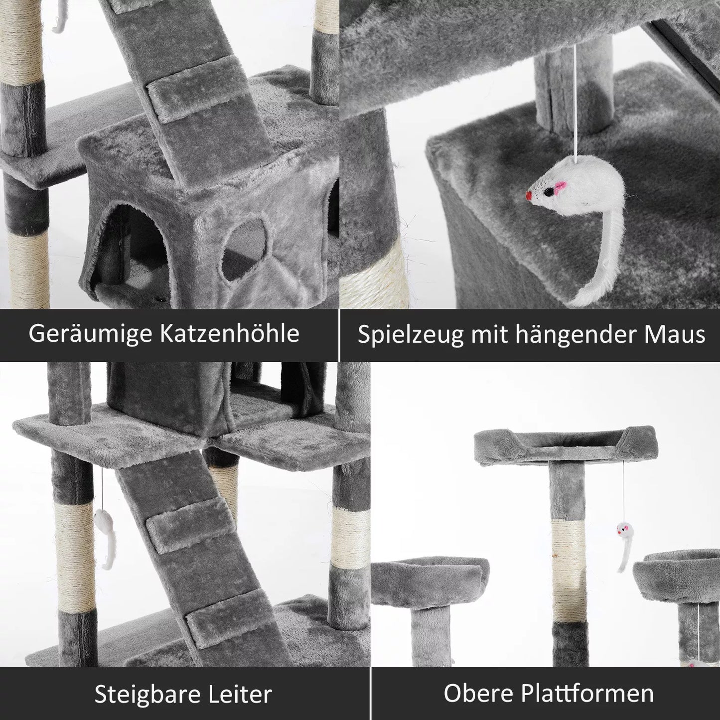 XXL kaķu skrāpēšanas koks ar kaķu gultu un kāpnēm, daudzlīmeņu daudzfunkcionāls izklaides centrs kaķiem, plīša, pelēks, 49 x 49 x 173 cm