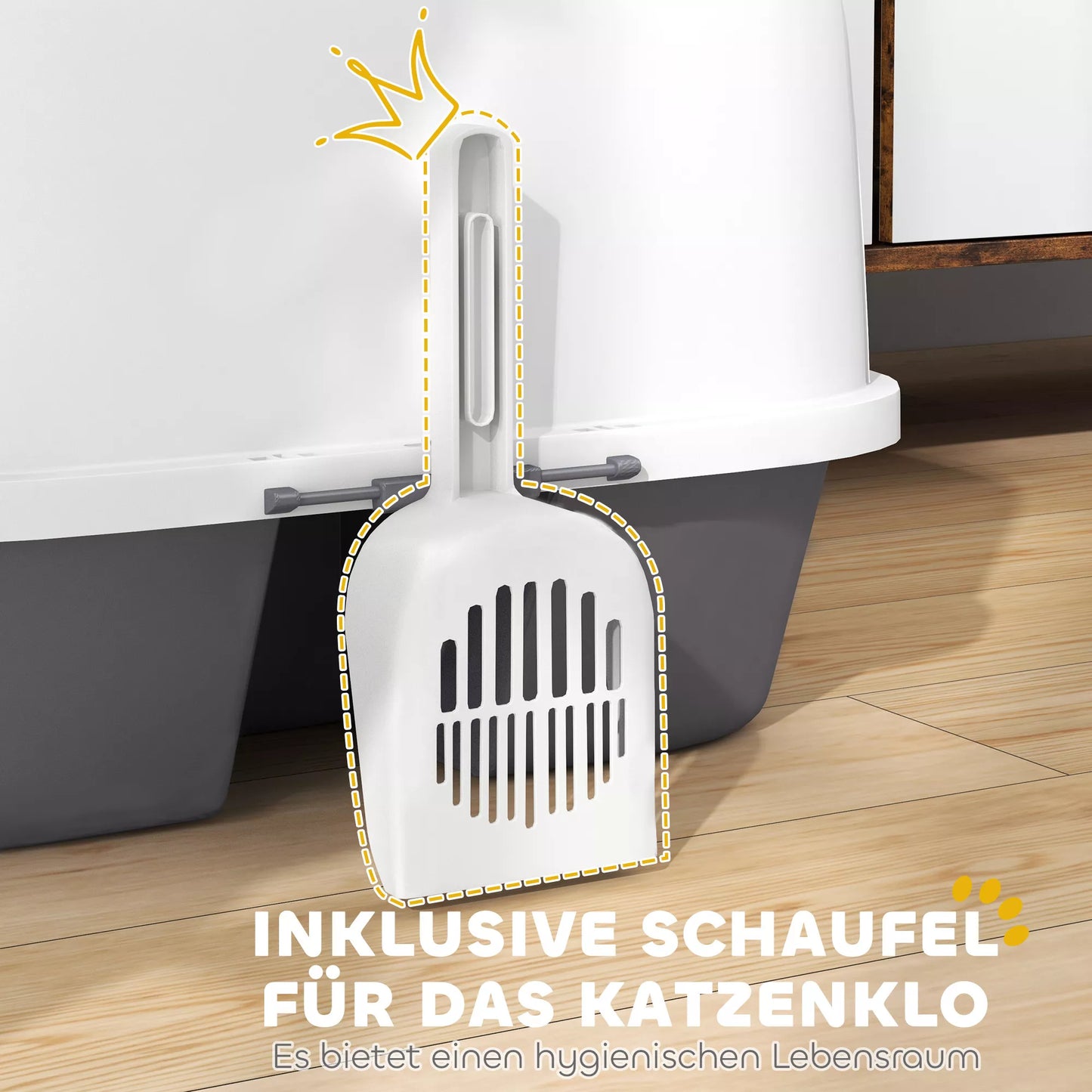 Kaķu tualete, kaķu kaste ar vāku un kausiņu, viegli tīrāma, aizslēdzama, balta