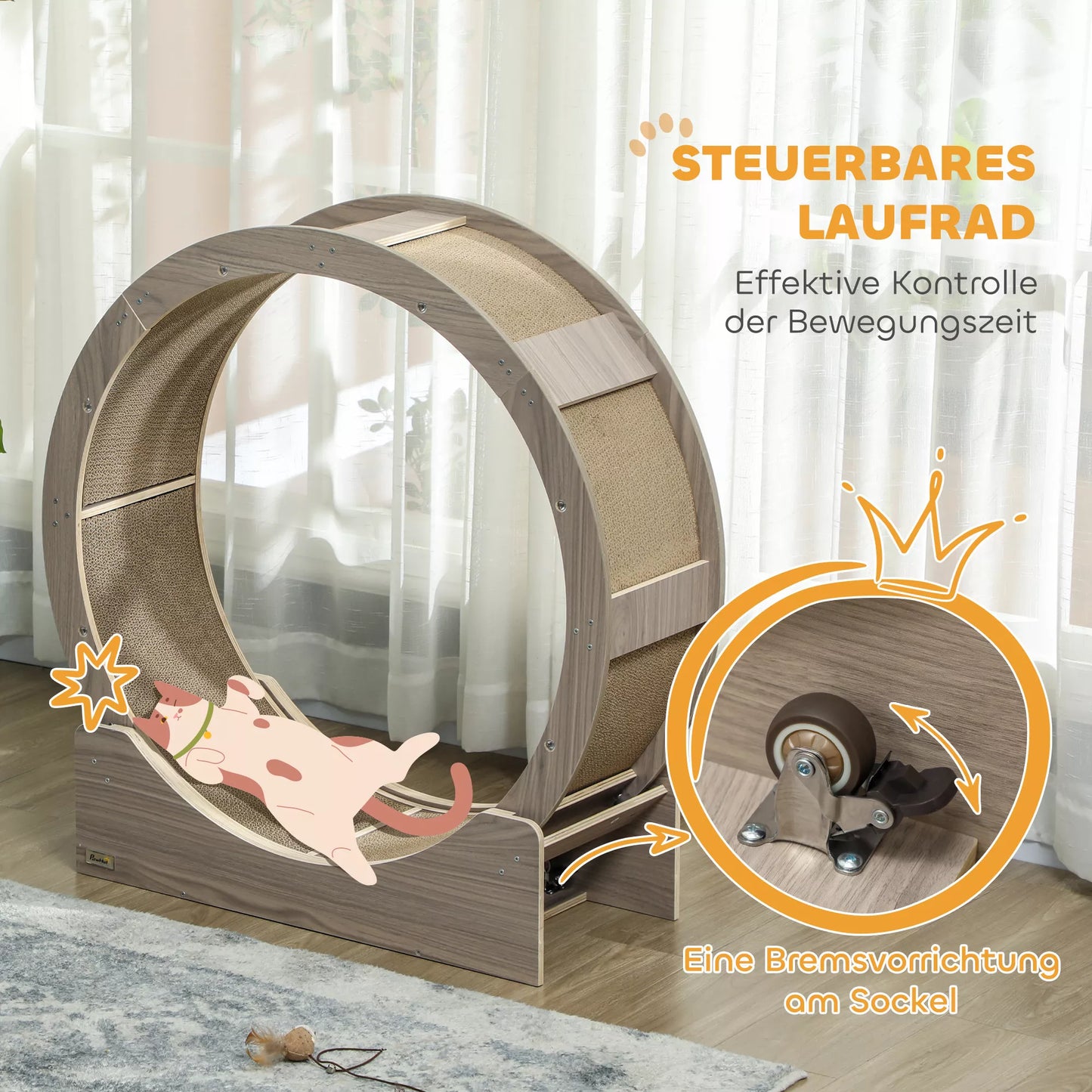 Kaķa skriešanas ritenis, 91 cm, ar bremzi un skrāpēšanas stabu, veselīgai kustībai, valrieksta krāsā