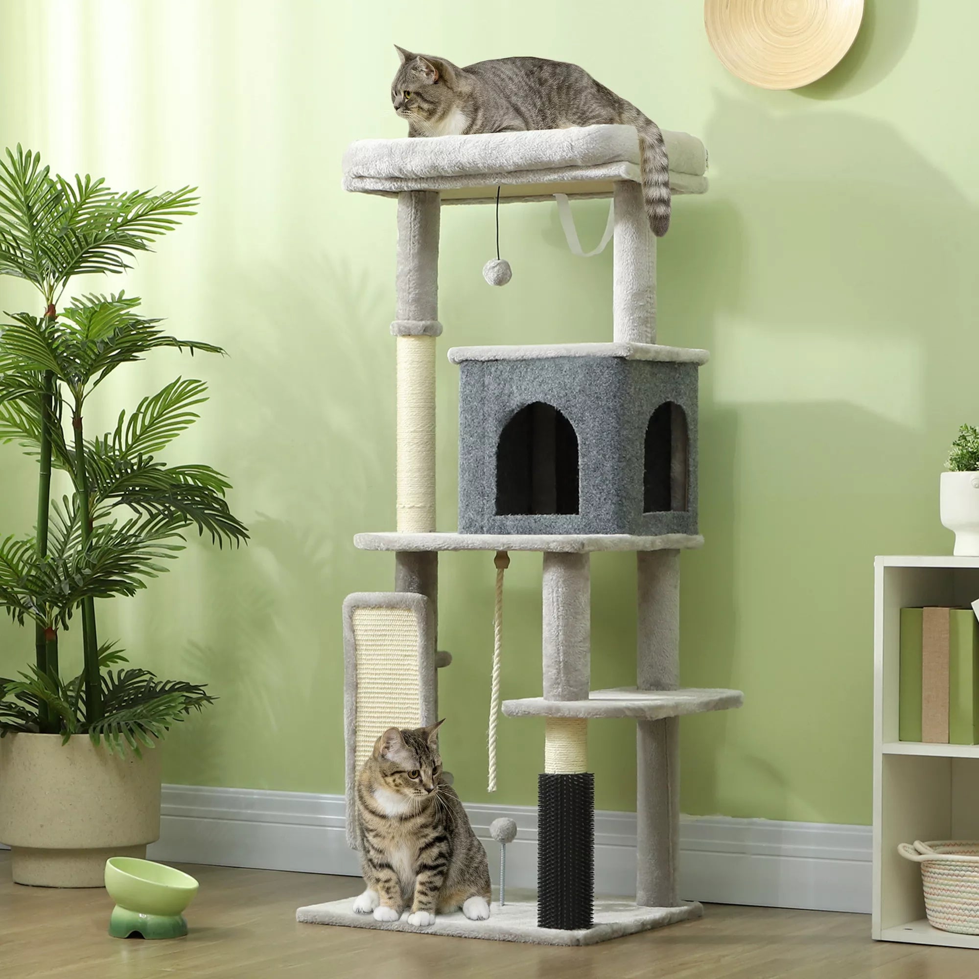 132 cm kaķu māja ar skrāpējamo stabu, gultu, mājiņu, lēkšanas platformām, kopšanas birsti, gaiši pelēka