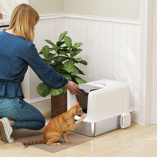 Kaķu pakaišu kaste, nerūsējošā tērauda pamatne, filtrs, kausiņa, kaķiem līdz 6 kg, 40,5 x 60,5 x 41,5 cm, balta/sudrabaina