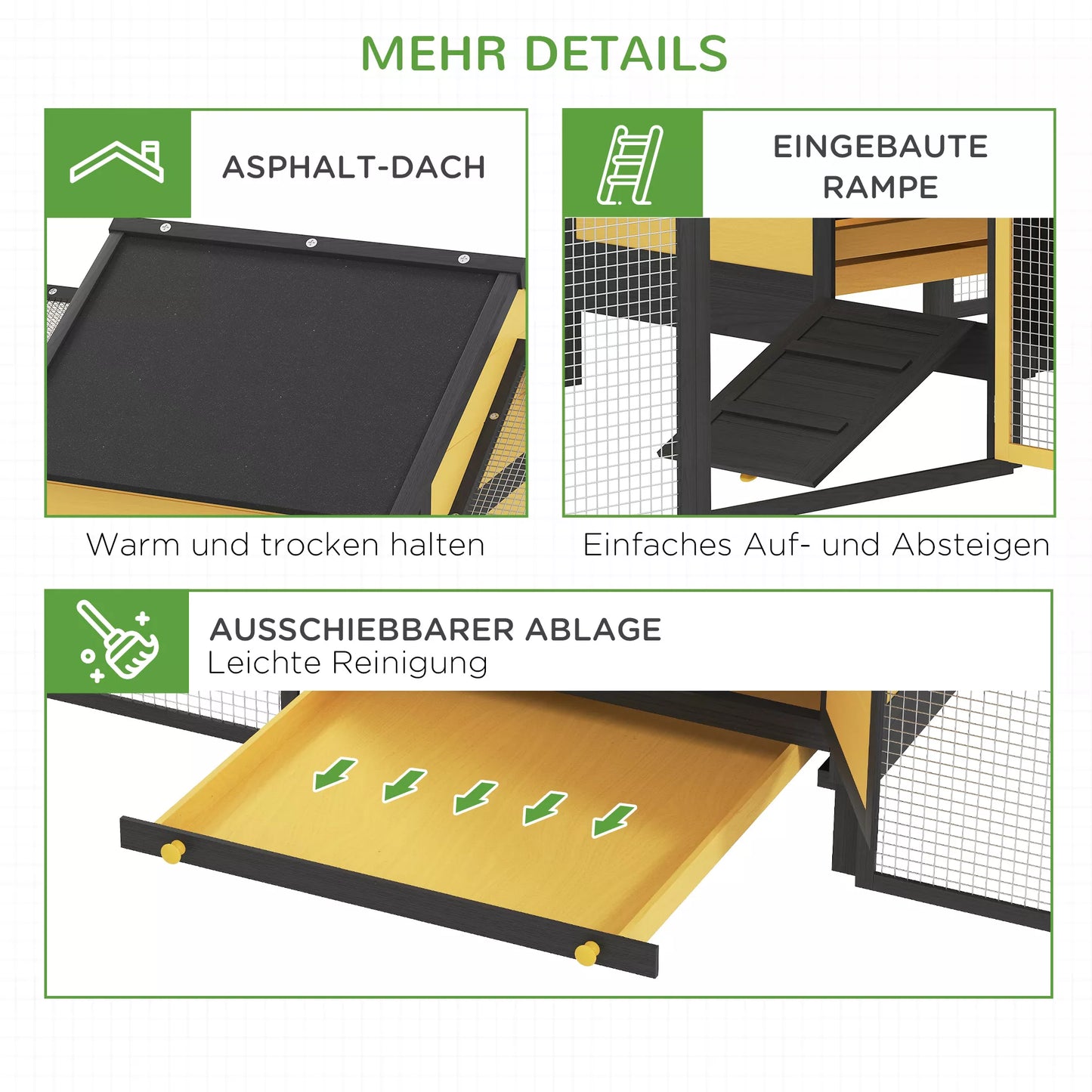 Vištidė smulkių gyvūnų aptvaras, 2 lauko aptvarai, 1 lizdavietė, 2 rampos, asfaltinis stogas, atsparus oro sąlygoms, geltonos spalvos
