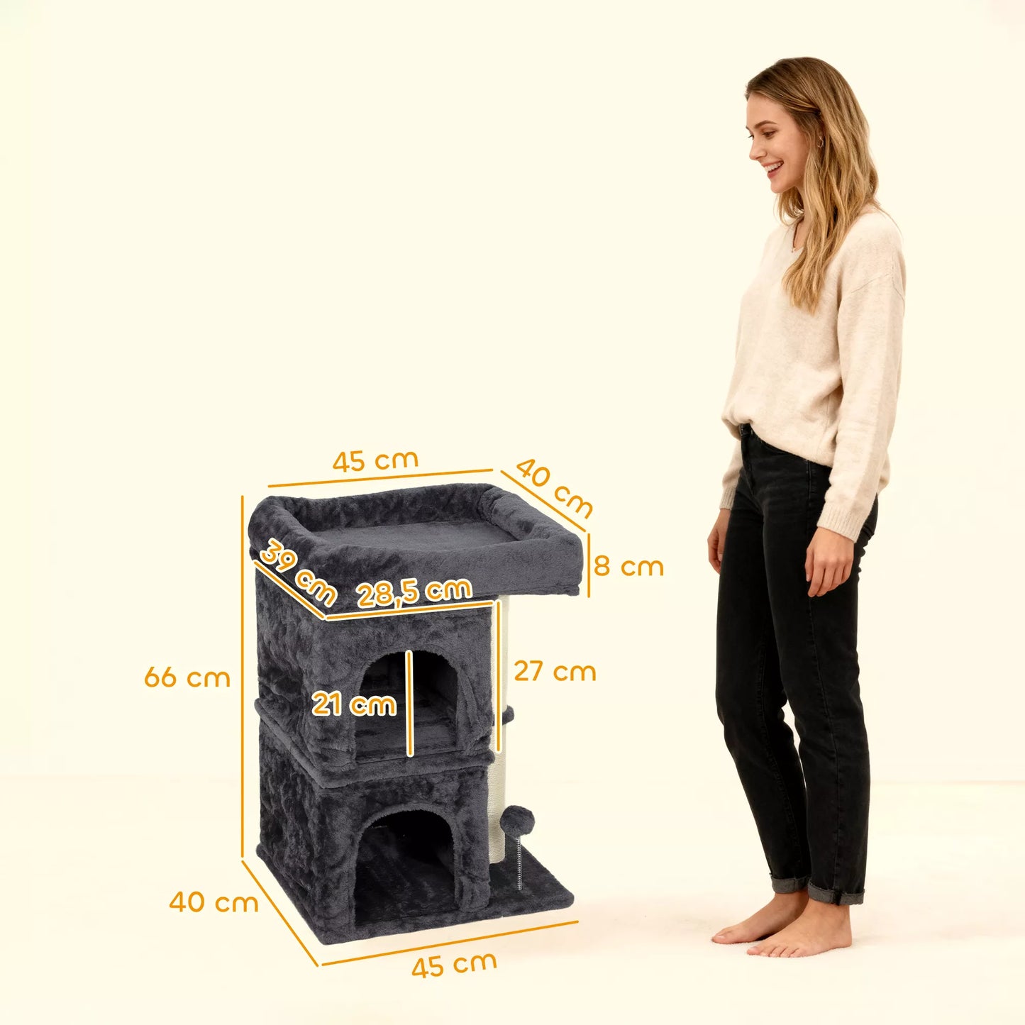 Cat scratching post, Cat tower, 2 caves, platform, sisal pole, compact, dark gray