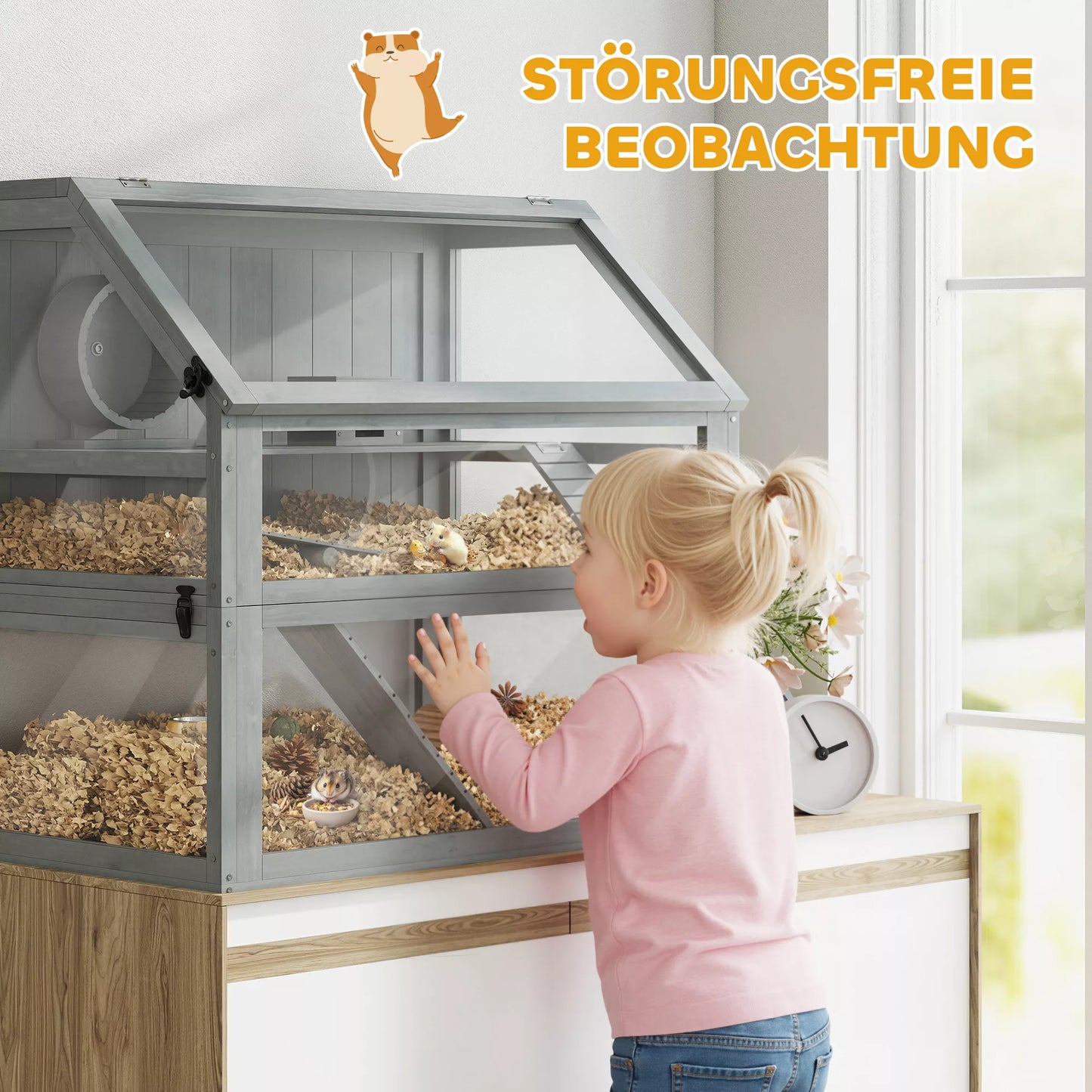 Koka māja kāmīšiem, 3 stāvu ar lielu dibenu, noņemamiem līmeņiem, maziem dzīvniekiem, 80x50x76cm, gaiši pelēka