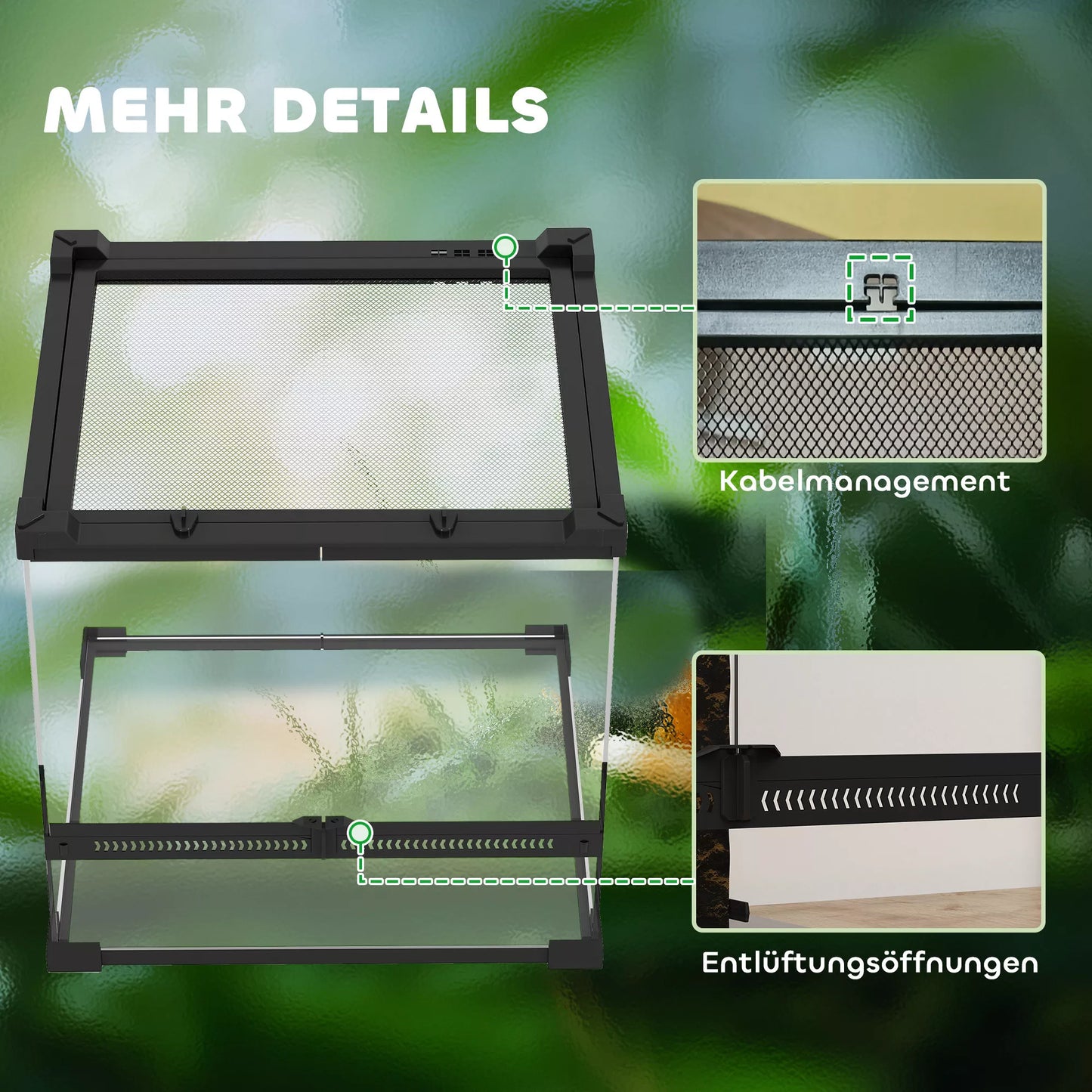 Stiklinis terariumas ropliams, paaukštintas ir vandeniui atsparus dugnas, sagties užraktas