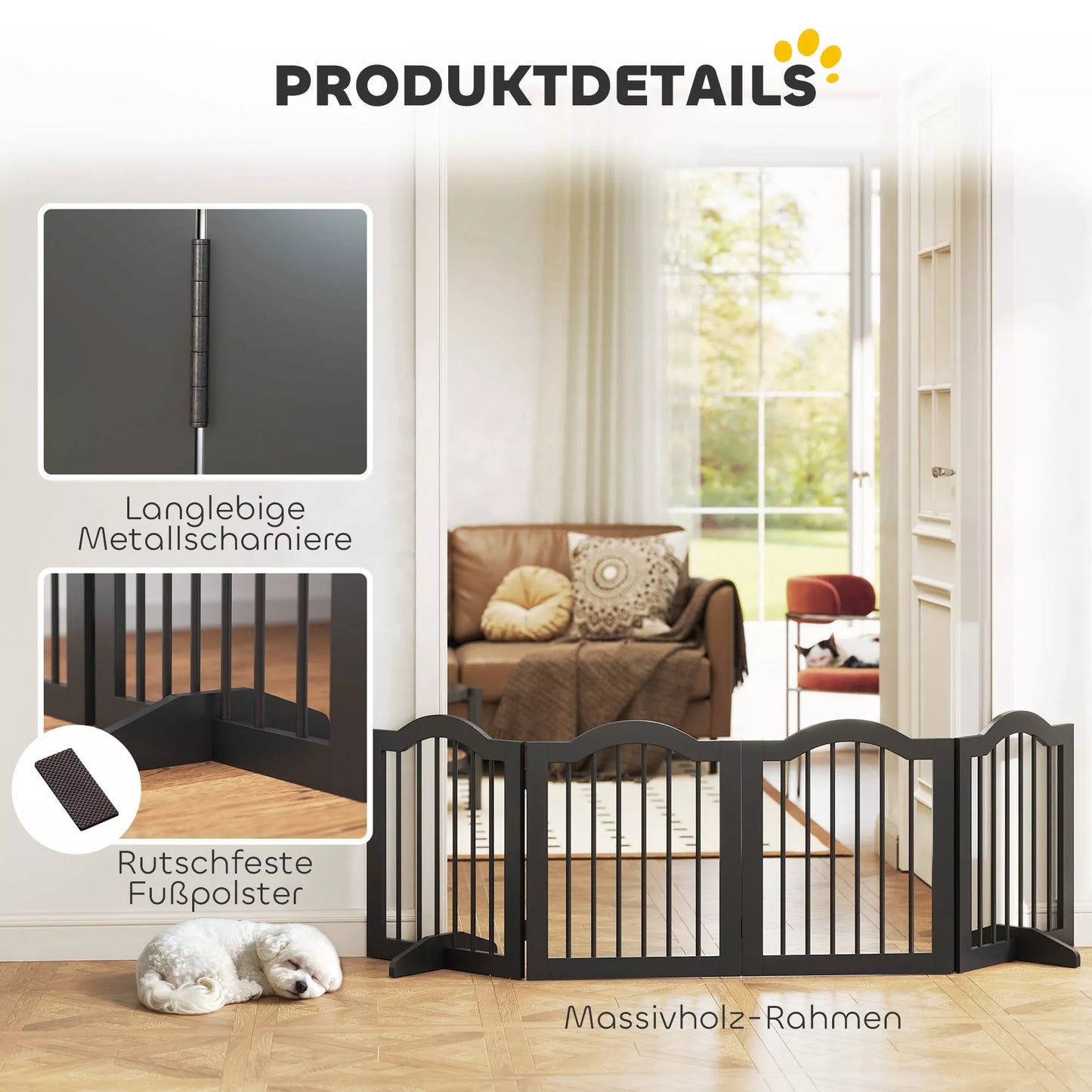 Suņu žoga vārti, brīvi stāvoši drošības vārti ar kājām, salokāmi suņu vārti, 4 paneļi, 208 x 29,5 x 61 cm, melni