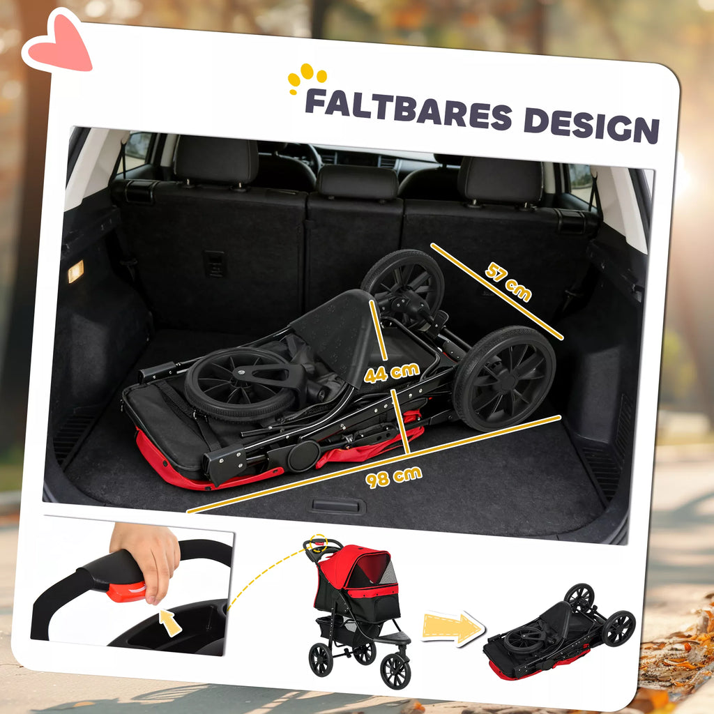 Šunų vežimėlis, sulankstomas triratis iki 10 kg su gėrimų laikikliu, plienas ir oxford audinys, 109,5x57,5x106,5 cm, raudonas