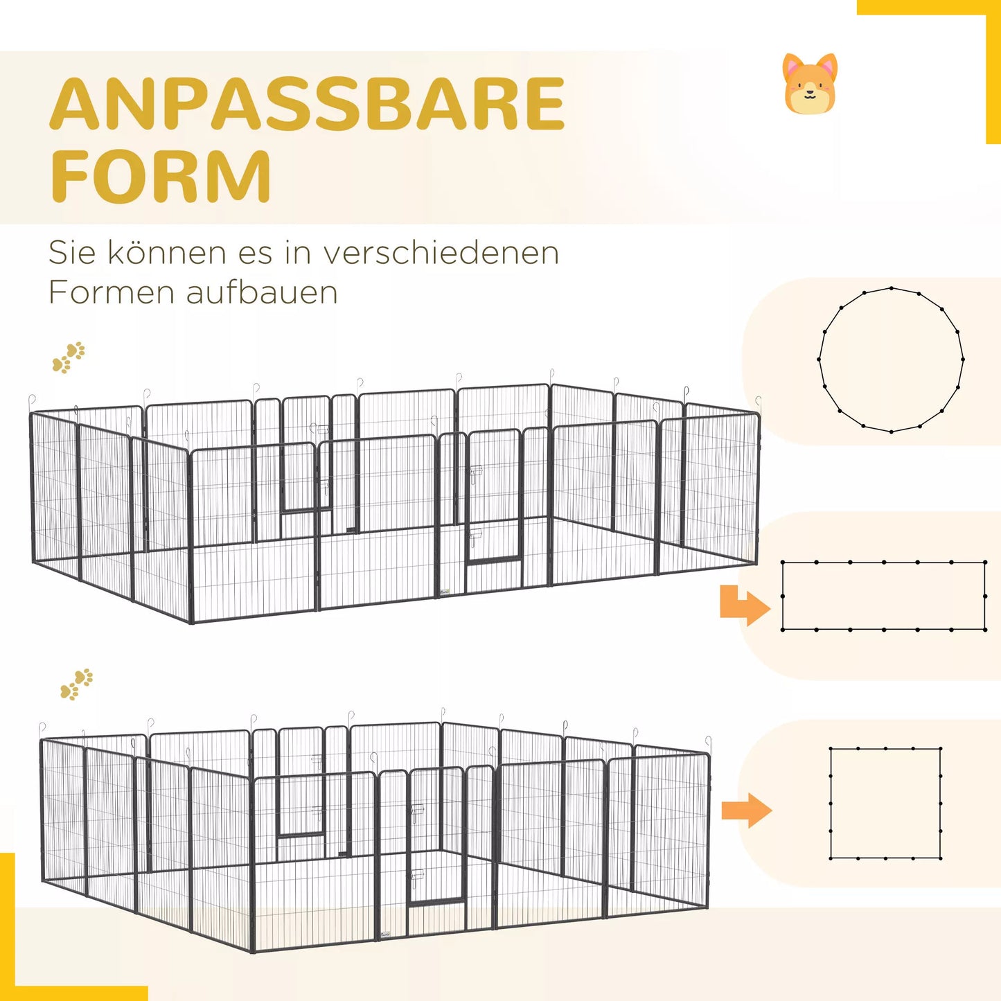 Kucēnu rotaļu laukums, modulārs dizains, 16 elementi, 2 durvis, laikapstākļiem izturīgs, tērauds, 3,2 x 3,2 x 1 m, pelēks