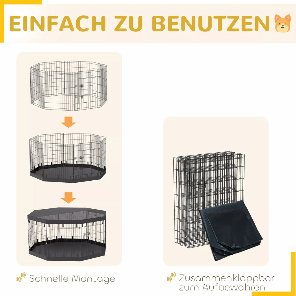 Šuniukų aptvaras, 76 cm aukščio / ~2,5 m², 8 paneliai, grindų danga, kombinuotas stogelis