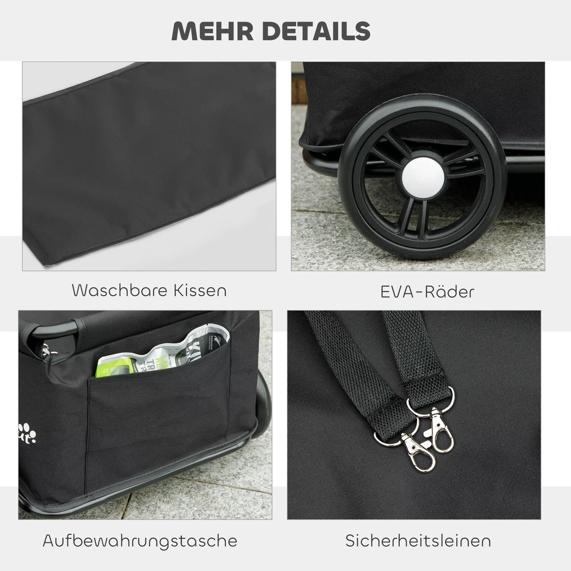 Suņu ratiņi, saliekami suņu ratiņi maziem suņiem līdz 4 kg, saliekami kaķu ratiņi ar rokturi, mazgājams spilvens, drošības siksnas, uzglabāšanas kaste, 4 riteņi, melni