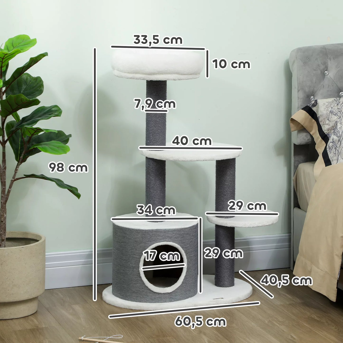 Cat tree with 1 cat cave, 1 cat bed, 2 platforms, felt rope posts, white + gray