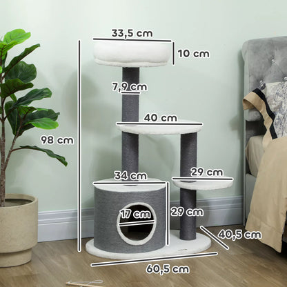 Cat tree with 1 cat cave, 1 cat bed, 2 platforms, felt rope posts, white + gray