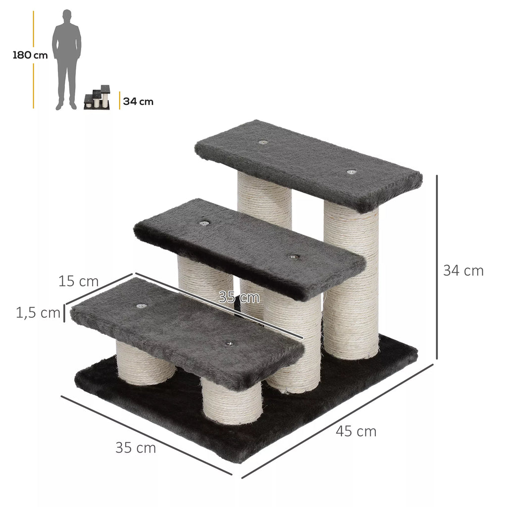 Suņu pakāpieni, 3 pakāpieni, 34 cm augsti mājdzīvnieku pakāpieni suņiem, kaķiem, ar skrāpēšanas stabu, suņu rampu, iekāpšanas palīglīdzekli gultai, dīvānam, matracim, tumši pelēki
