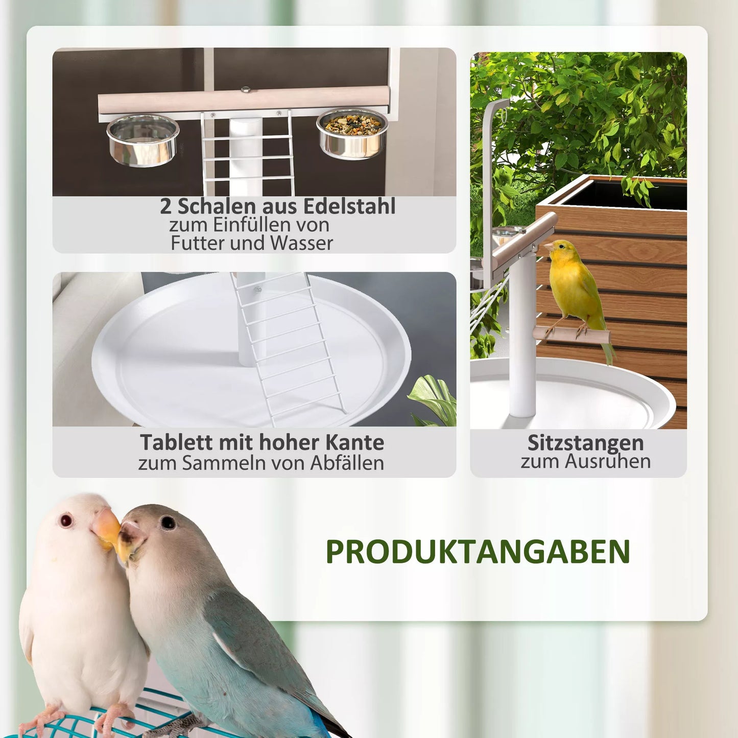 Tupėklynas papūgoms, 1 kopėtėlės, 1 sūpynės, 2 lesyklėlės, 60 x 60 x 138 cm, Balta + Natūrali