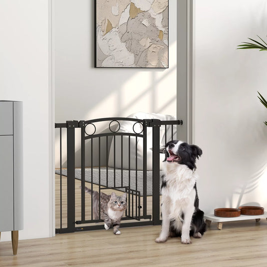 Gyvūnėlio varteliai, 77 cm Laiptų varteliai, reguliuojamas plotis 76-104 cm, su katės durelėmis, skirti laiptams ir durų angoms, Juodi