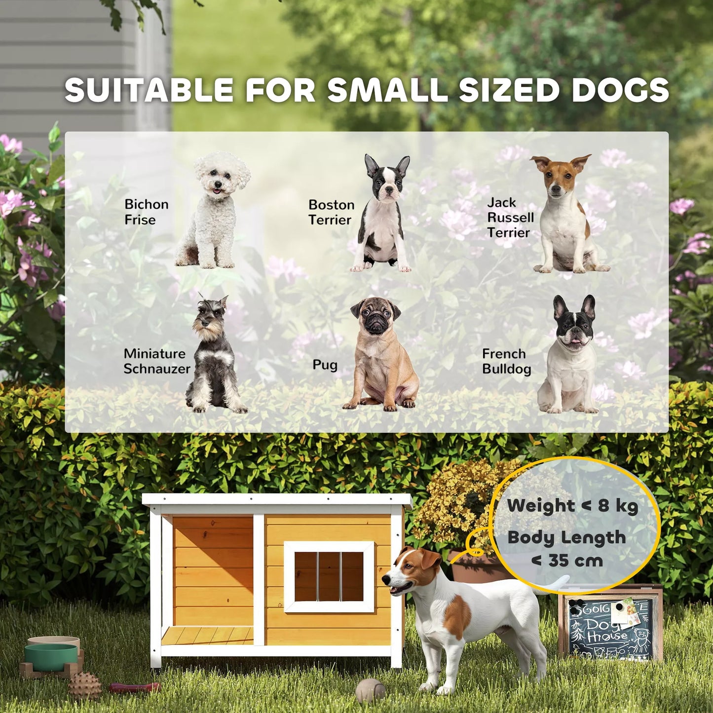 Suņu būda ar verandu, atveramu jumtu, logu, regulējamām kājām, dabīgā koka, oranža, 85,5 x 62 x 60 cm