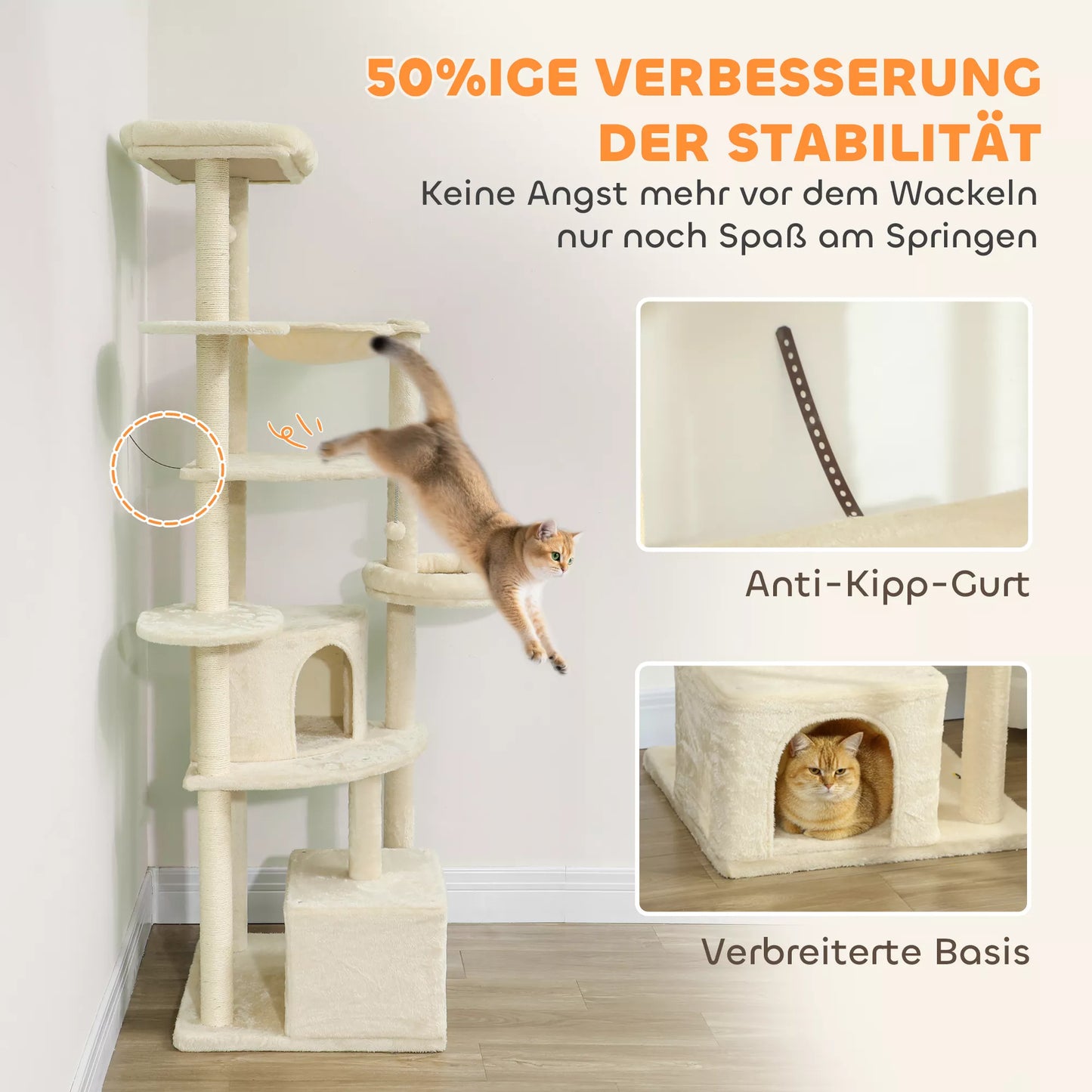 2 metrus augsts skrāpējamais stabs 2-3 kaķiem, skrāpējamie stabi, alas, šūpuļtīkls, slēptuves, daudzlīmeņu dizains, sizala, koka, plīša, bēša