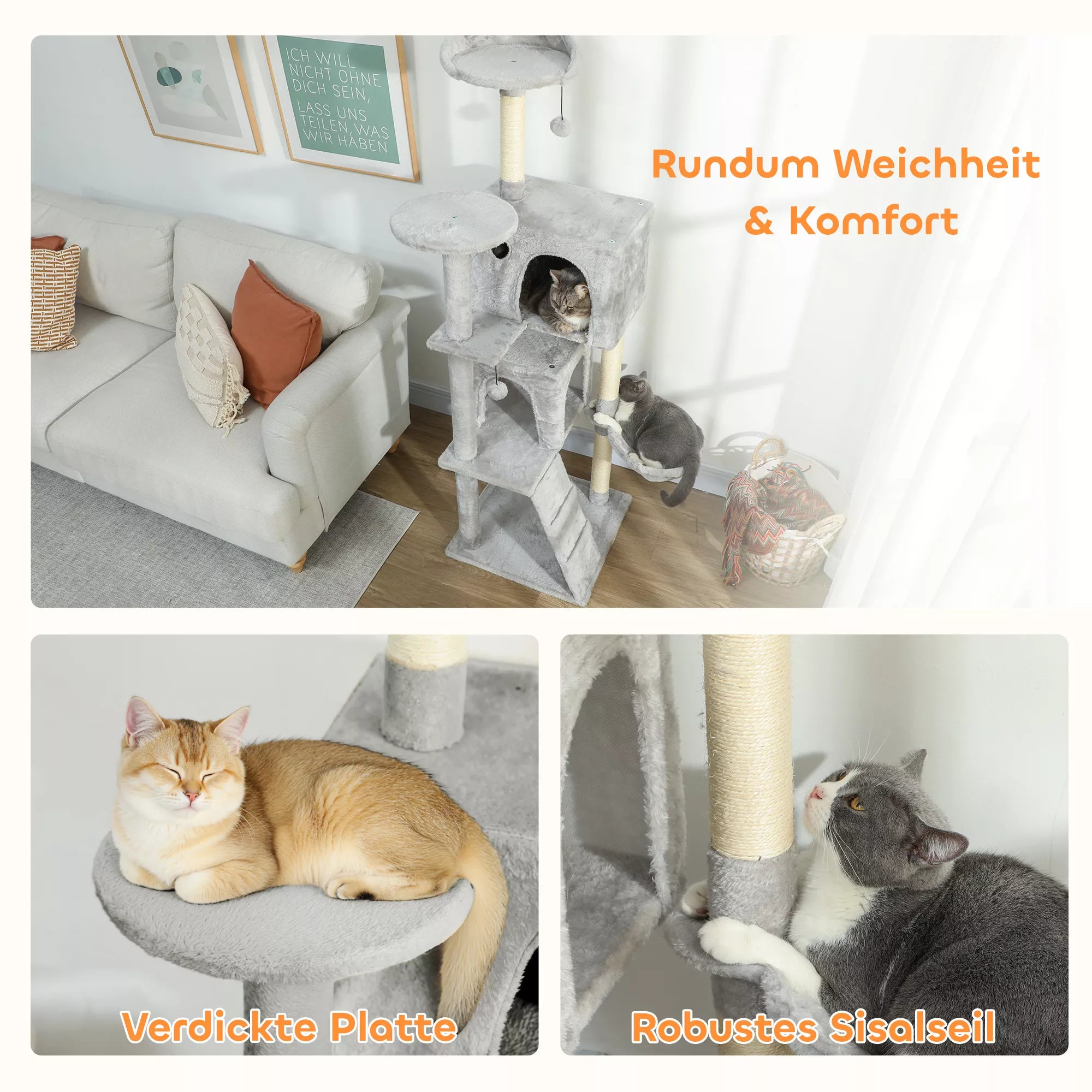 160 cm kaķu skrāpējamais stabs, vairāki līmeņi, sizala skrāpējamie stabi, alas, plīša platformas, šūpuļtīkls, pakāpieni, rotaļu bumbiņas