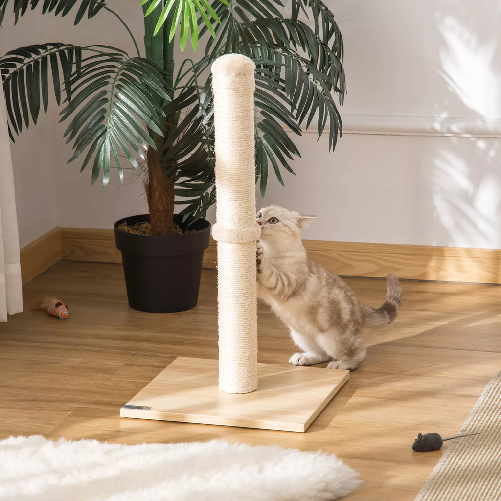 Braižymo stulpas katėms, sizalio draskymo stulpas, stabilus kačių draskytuvas, braižymo žaislas katei su kamuoliu, 60 cm, medžio drožlių plokštė, sizalis smėlio spalvos + ąžuolas, 34 x 34 x 60 cm