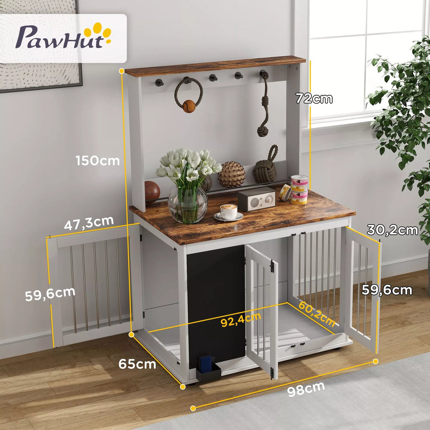 Suņu būris ar rotaļlietu glabāšanas plauktu, pavadas āķiem, rakstāmgaldu, dzēšgumiju, lieliem suņiem, balts