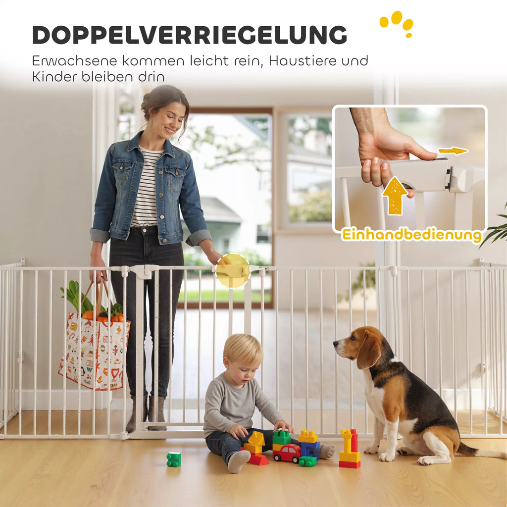 Mājdzīvnieku žogs, 6 paneļu barjera ar durvīm, salokāms, maziem un vidējiem suņiem, plastmasa, oglekļa tērauds, balts