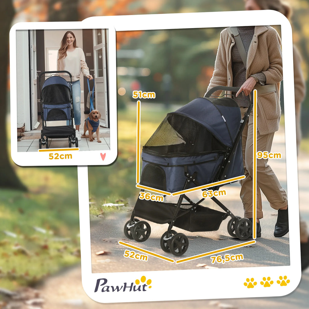 Suņu ratiņi līdz 10 kg, saliekami, ar regulējamu jumtiņu, nodalījumu apakšā, 2 bremzēm, drošības pavadu, zili