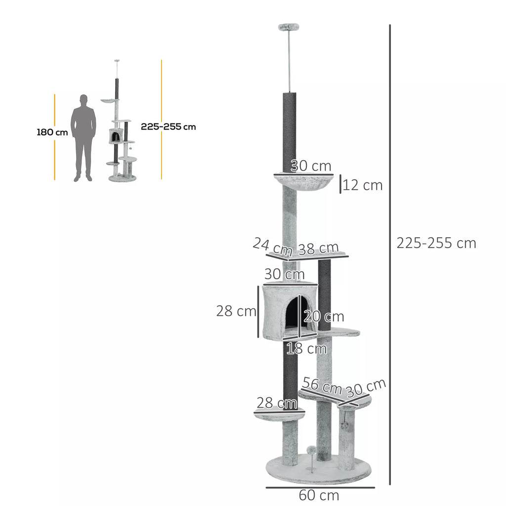 Katės medis su lubų įtempiu, hamaku, nameliu, platformomis, žaisliuku, 225-255cm, Pilkas