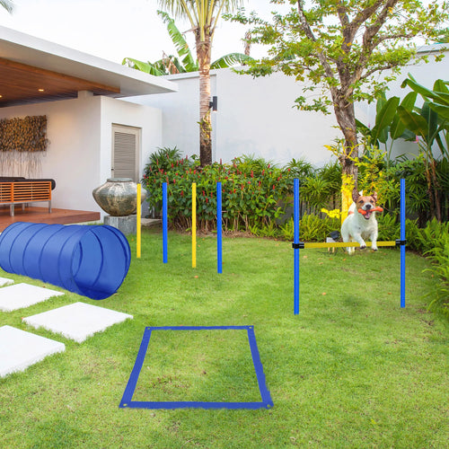 Agility rinkinys šunims, 5 dalių agility įranga šunų dresūrai, šuolių barjerų rinkinys su šunų tuneliu, 4 aukščio reguliuojami slalomstulpeliai, barjerai, pauzės dėžutė, nešiojimo krepšys – Agility rinkinys žaidimams ir dresūrai