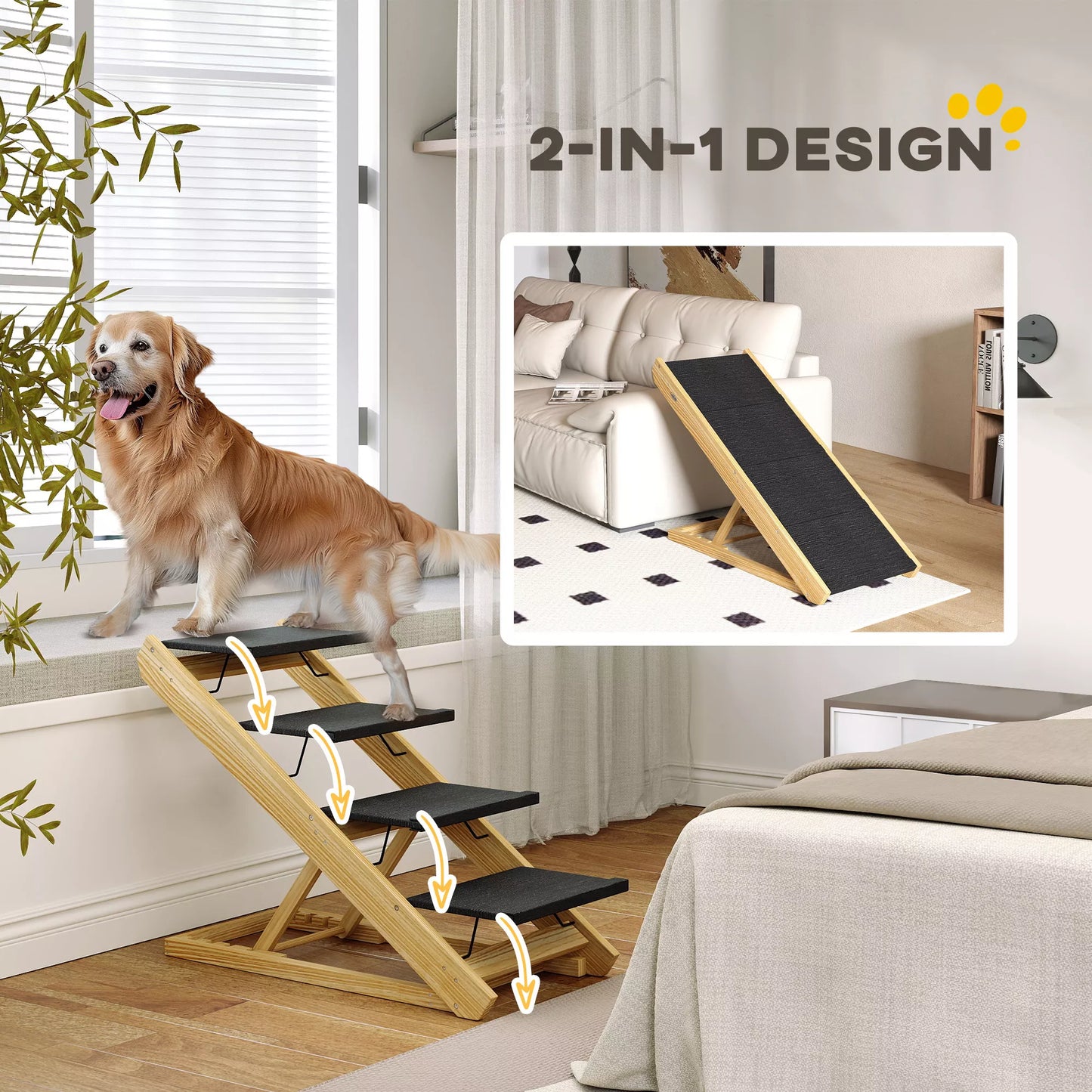 Dog steps, dog ramp, adjustable height, non-slip, foldable, 83x40x62.5 cm, wood/white