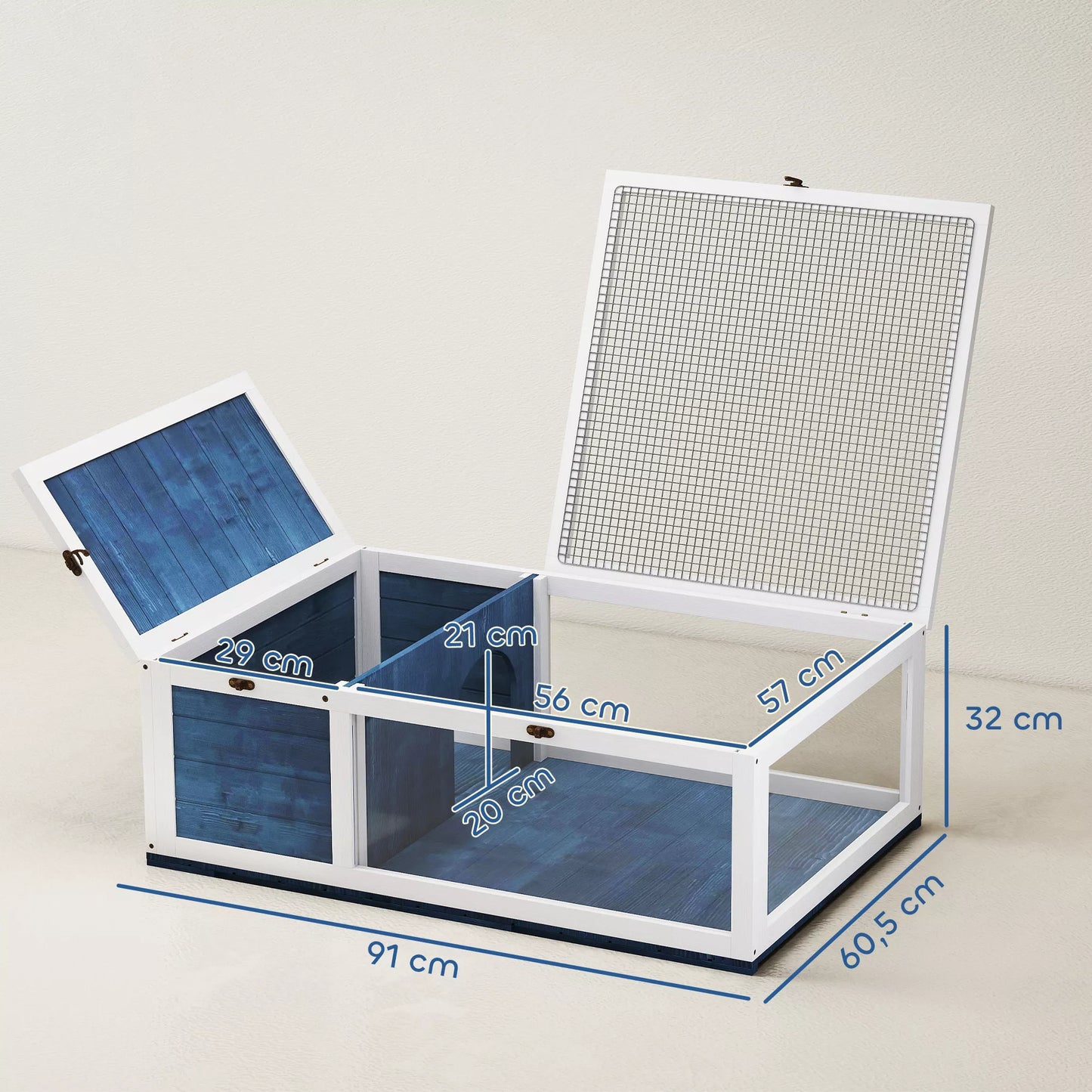 Medinis vėžlių namelis / aptvaras su atidaromu viršumi, 91x60,5x32 cm, mėlynas