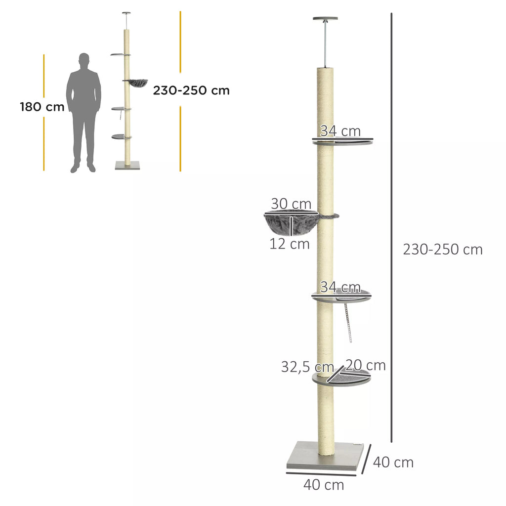 Kaķu skrāpēšanas stabs ar šūpuļtīklu, ar griestu spriegotāju, līdz griestiem, 40 cm x 40 m x 250 cm, pelēks + krēmbalts
